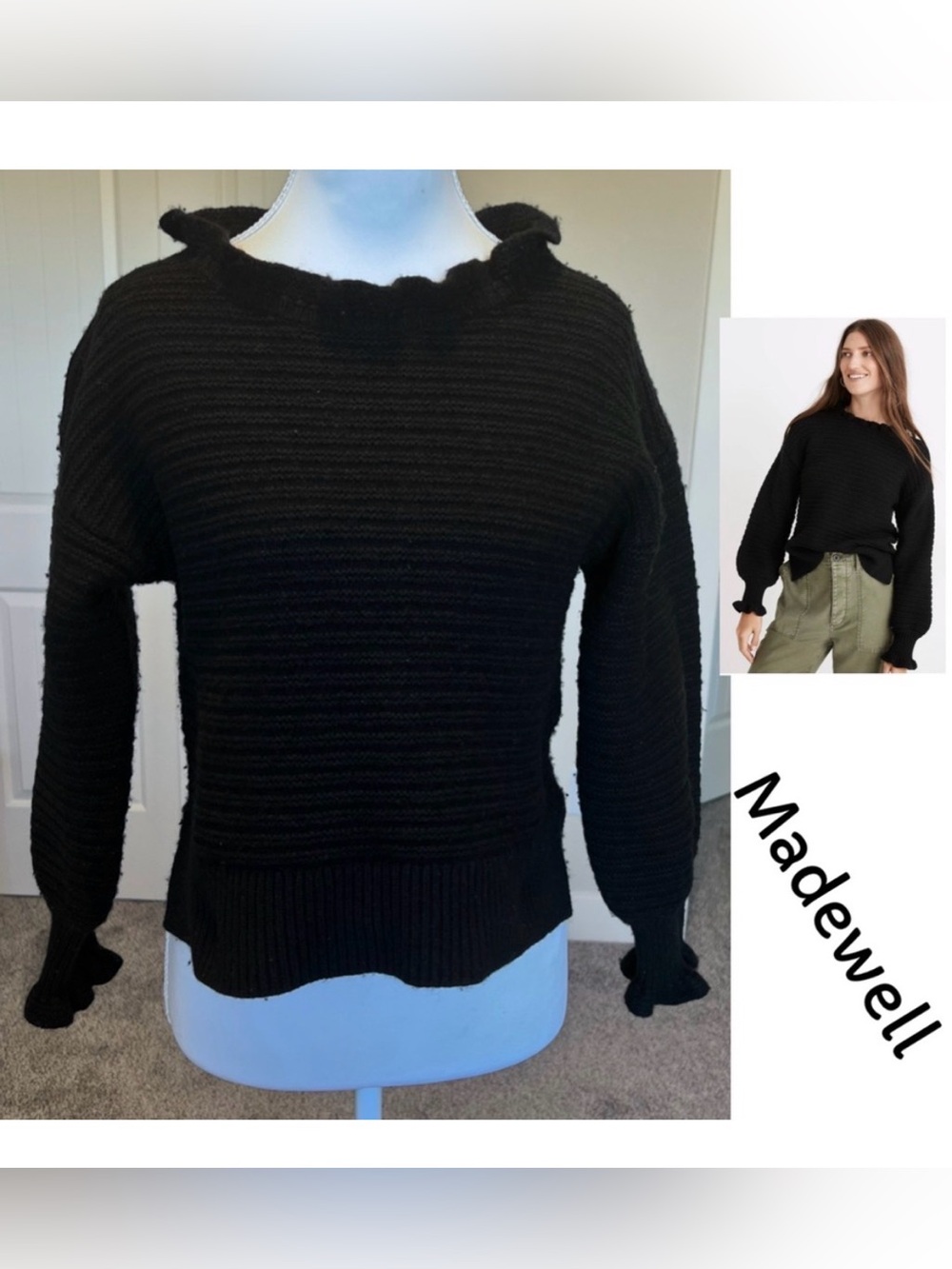 Madewell Ruffle-Neck & Sleeves Pullover Sweater in 70% Cotton 30% Merino Wool